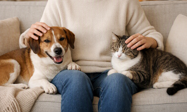 Un perro y un gato juntos en un sofá